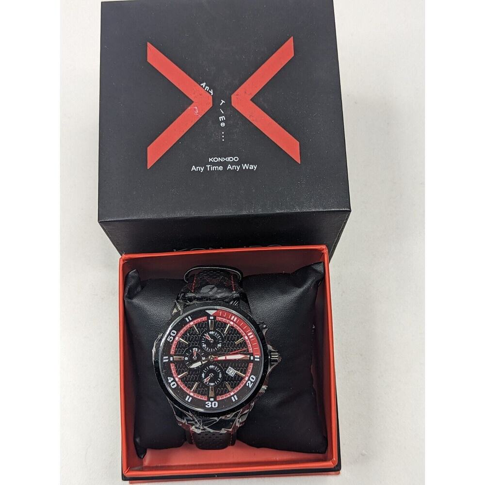 KONXIDO Mens‎ Red and Black Leather Band Analog Quartz Watch KX63015
